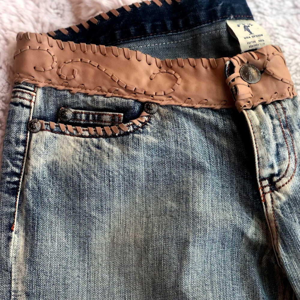 My Tribe Capris Jeans, Size 29, Leather waist, embellishments Whip Stitching